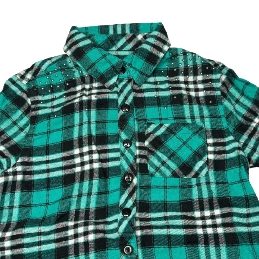 Justice Girls Top Size 7 Teal Black White Plaid Long Sleeve Button Down Shirt
